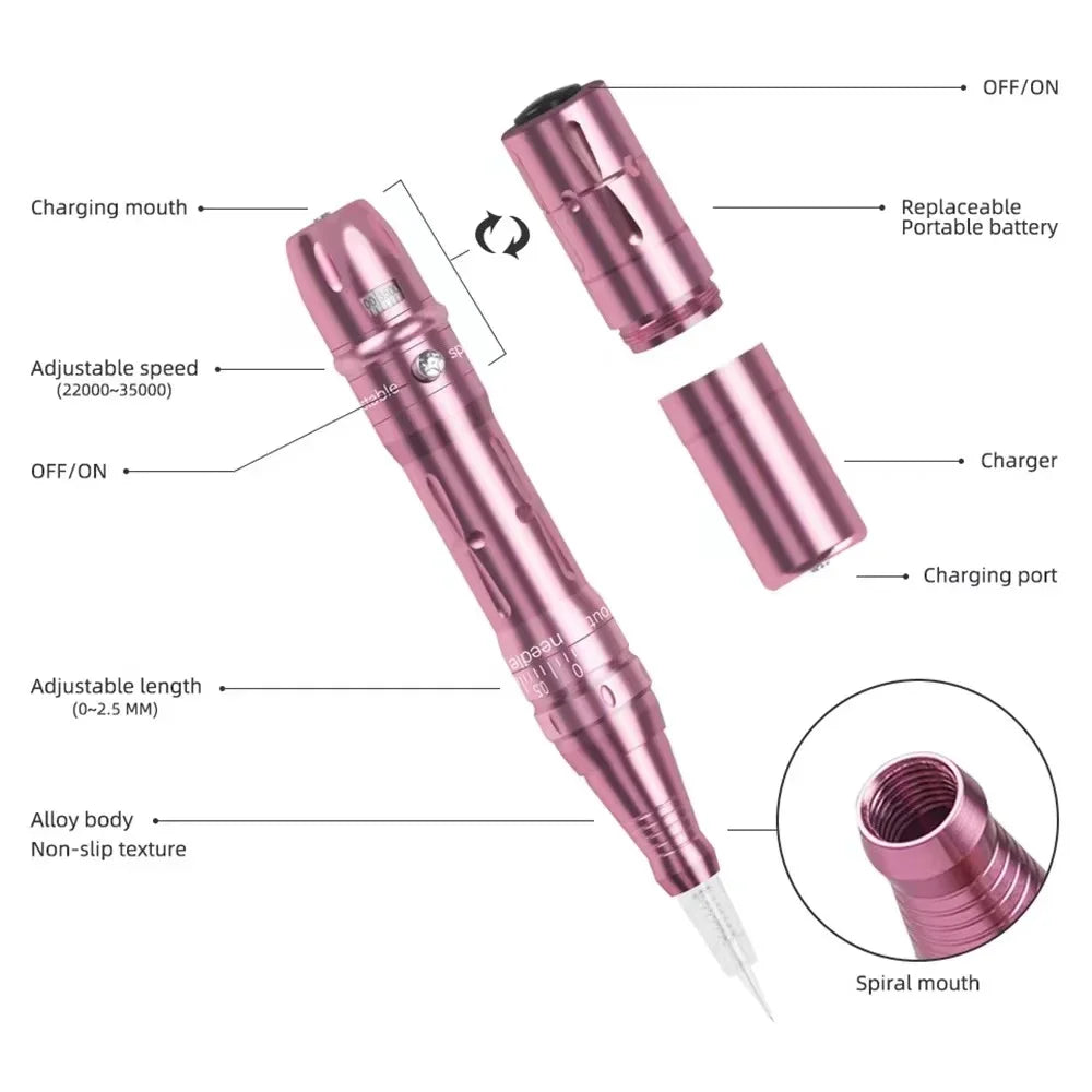 Bezprzewodowy zestaw do makijażu permanentnego, mikroblading, 2 baterie, 5 igieł