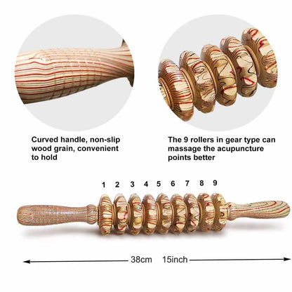 9 rolkowy masażer drewniany, ręczny, przeciwcellulitowy